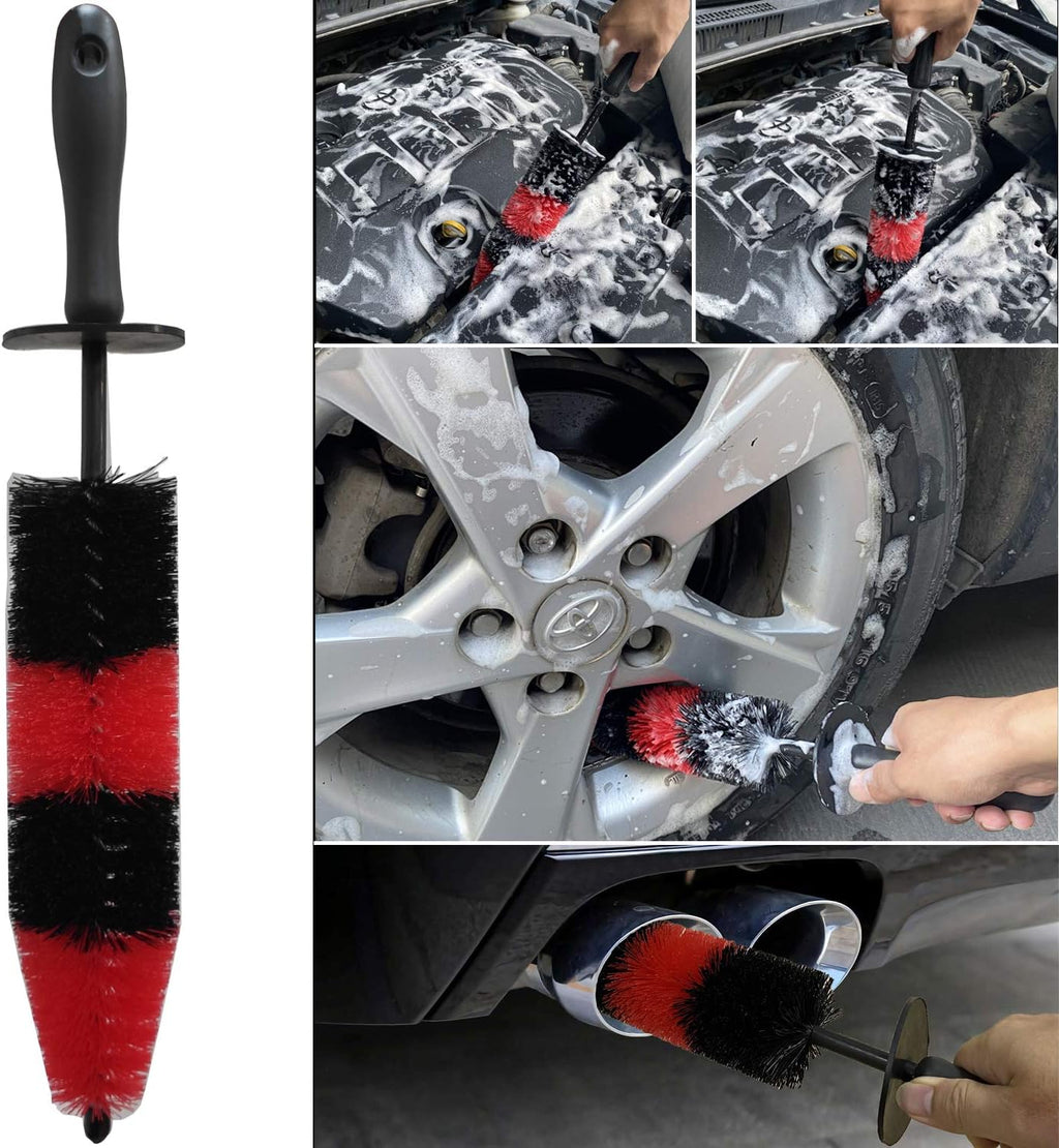 Car Wash Brush with Long Handle, Car Detailing Kit, Wheel Brush 7 Packs | Wheel Cleaner Brush, 17 in Long Wheel Brush, Soft Cleaning Tire Brush, 5 Car Detailing Brush Set (Red & Blue)