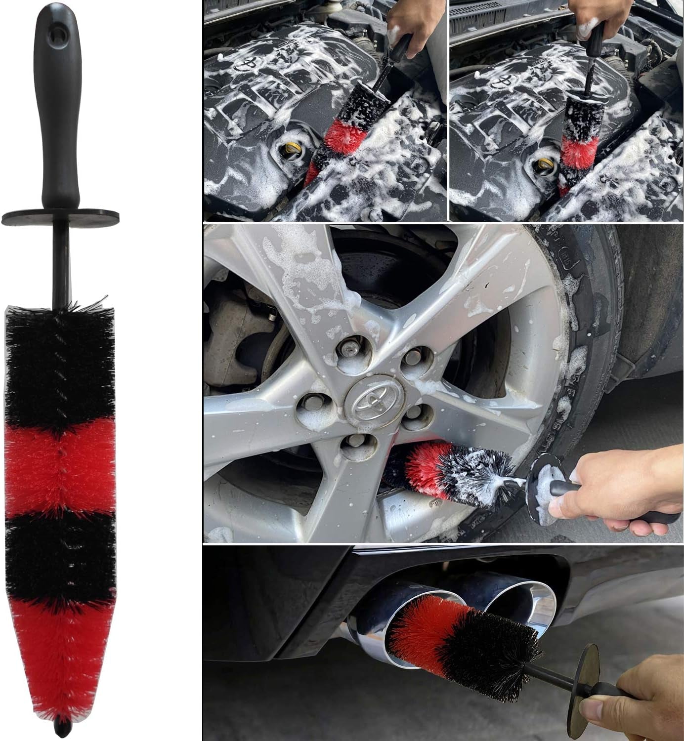 Car Wash Brush with Long Handle, Car Detailing Kit, Wheel Brush 7 Packs | Wheel Cleaner Brush, 17 in Long Wheel Brush, Soft Cleaning Tire Brush, 5 Car Detailing Brush Set (Red & Blue)