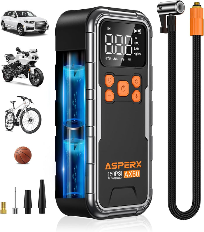 קומפרסור אוויר נייד לצמיגים – 150PSI | נטען ואלחוטי