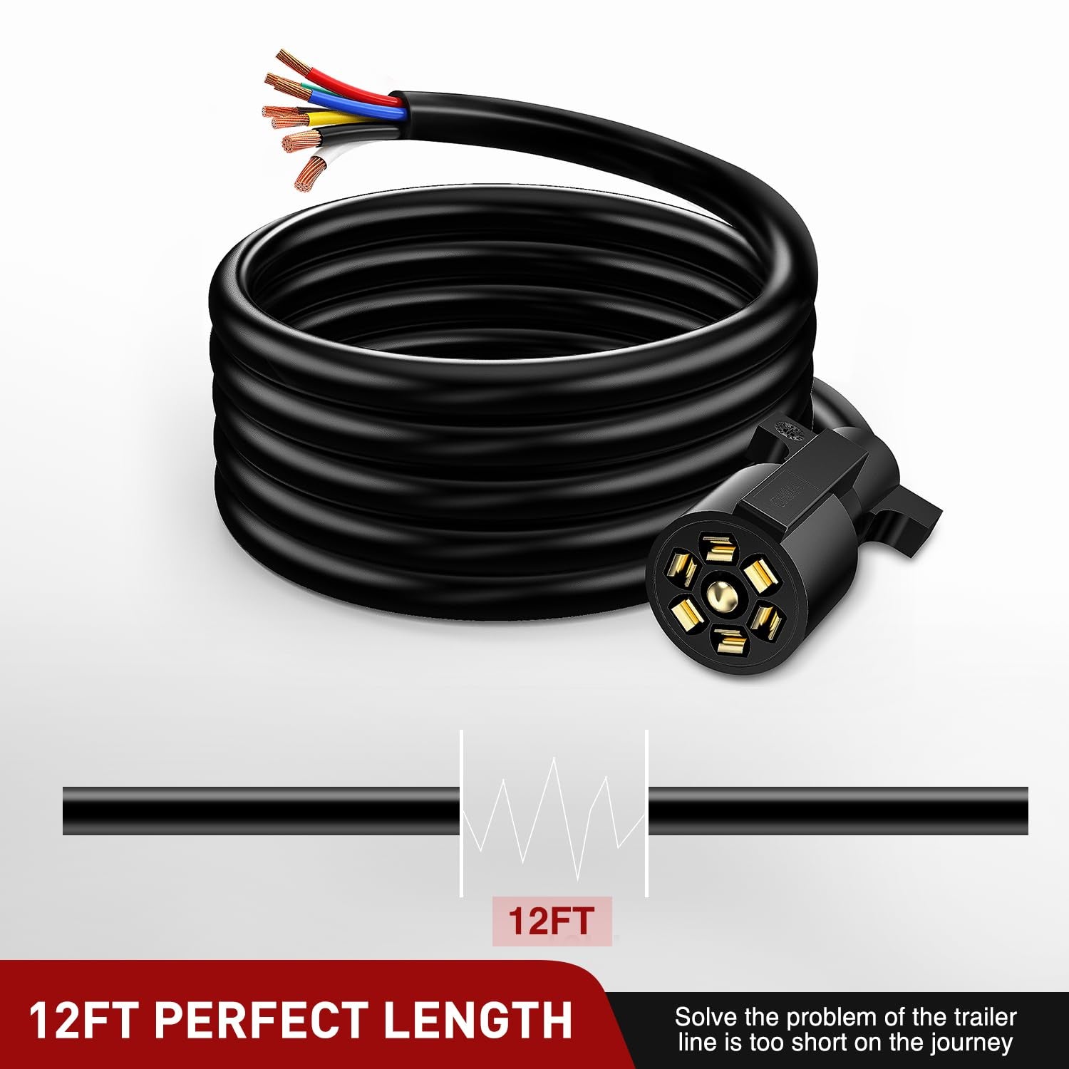 7Way 12FT 7 Way Trailer Extension Cord Heavy Duty | Plug Inline Cord for Truck Camper Blade Molded RV Cable Wire Weatherproof Corrosion Resistant 7 Pin Trailer Plug Wire Harness