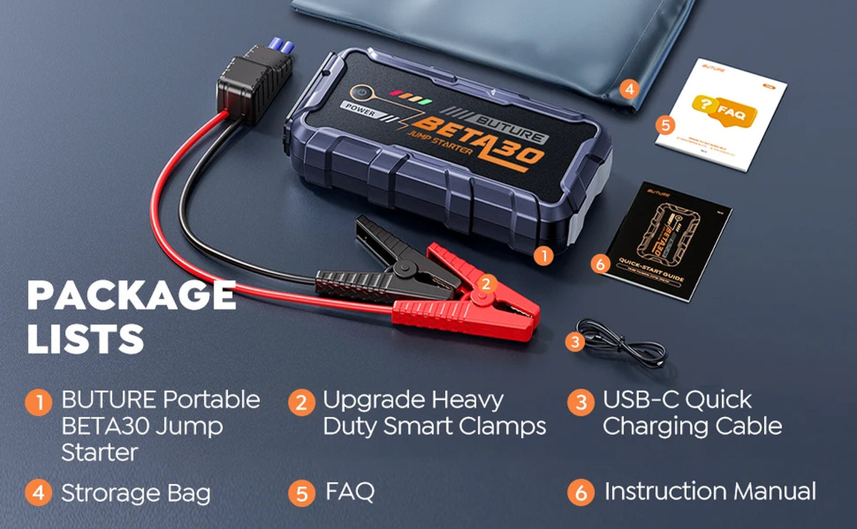 בוסטר התנעה לרכב 6000A עם סוללה ניידת – Power Bank בהספק 18W, קיבולת 26,800mAh, לשעת חירום והתנעת מצבר – BETA30.