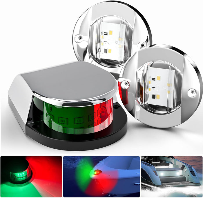 ערכת פנסי ניווט LED ימיים עמידים למים – תאורת חרטום, ירכתיים, צדדים וסיפון עם מסגרות כרום, לסירות, פונטונים, סירות דיג, יאכטות וקיאקים – 1 אדום + 1 ירוק + 2 לבנים.