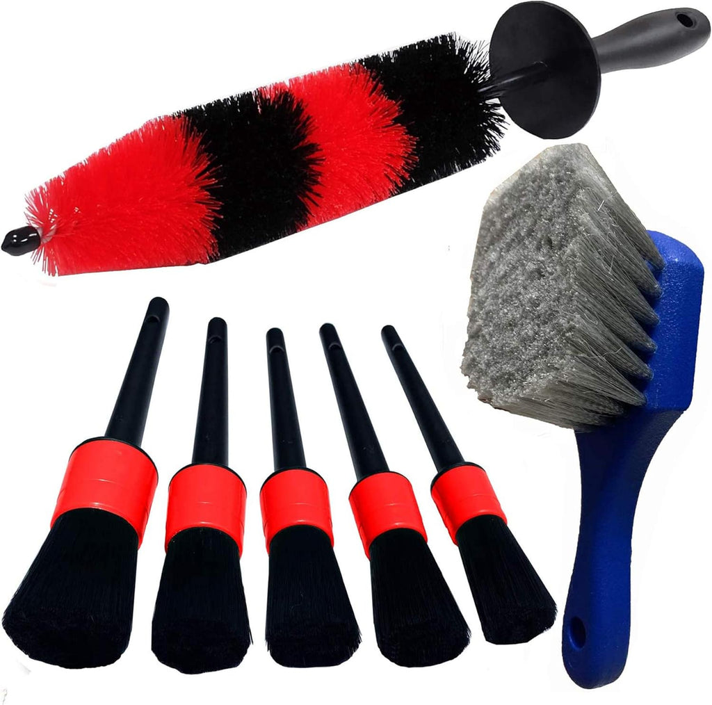 Car Wash Brush with Long Handle, Car Detailing Kit, Wheel Brush 7 Packs | Wheel Cleaner Brush, 17 in Long Wheel Brush, Soft Cleaning Tire Brush, 5 Car Detailing Brush Set (Red & Blue)