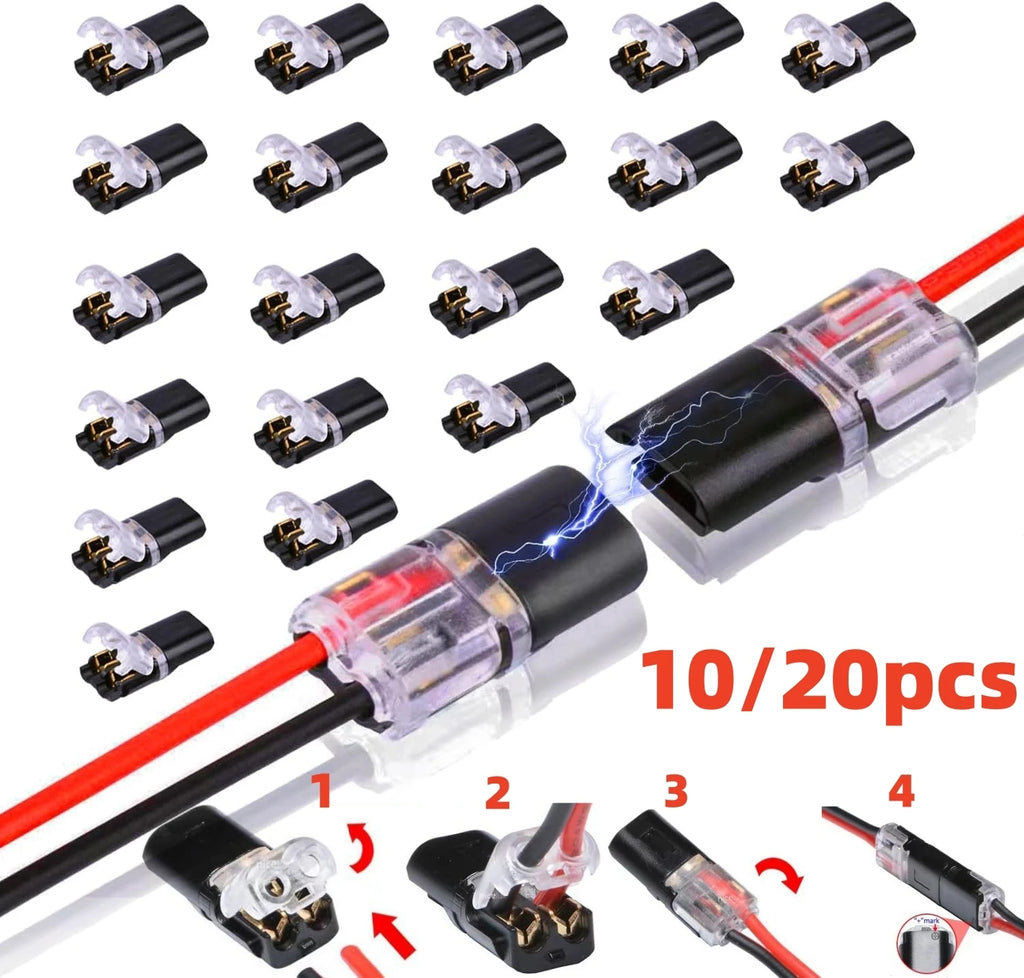 10/20Pcs Double-Wire Plug-In Connector with Locking Buckle Pluggable LED Wire Connector 2 Pin 2 Way Universal Compact Wire