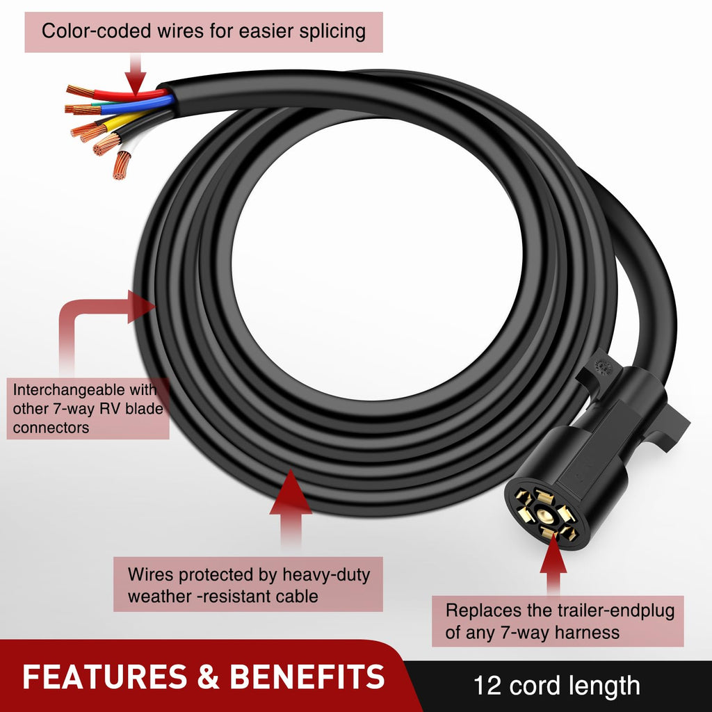 7Way 12FT 7 Way Trailer Extension Cord Heavy Duty | Plug Inline Cord for Truck Camper Blade Molded RV Cable Wire Weatherproof Corrosion Resistant 7 Pin Trailer Plug Wire Harness