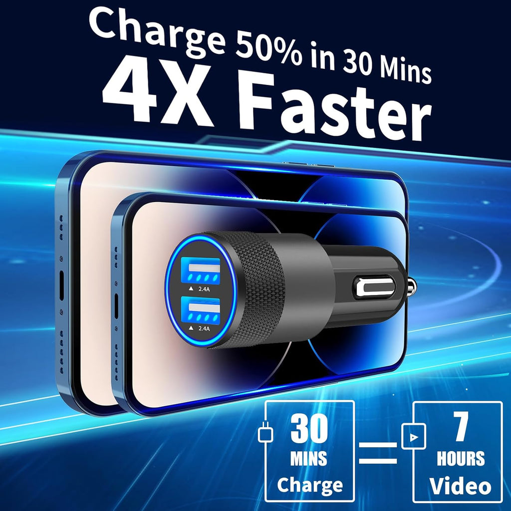 Apple Mfi Certified Iphone Car Charger Fast Charging 4.8A Car Phone Charger |  Dual USB Power Cigarette Lighter Adapter + 2Pack Lightning Braided Cord for Iphone 14 13 12 11 Pro XS XR X 8 SE Ipad