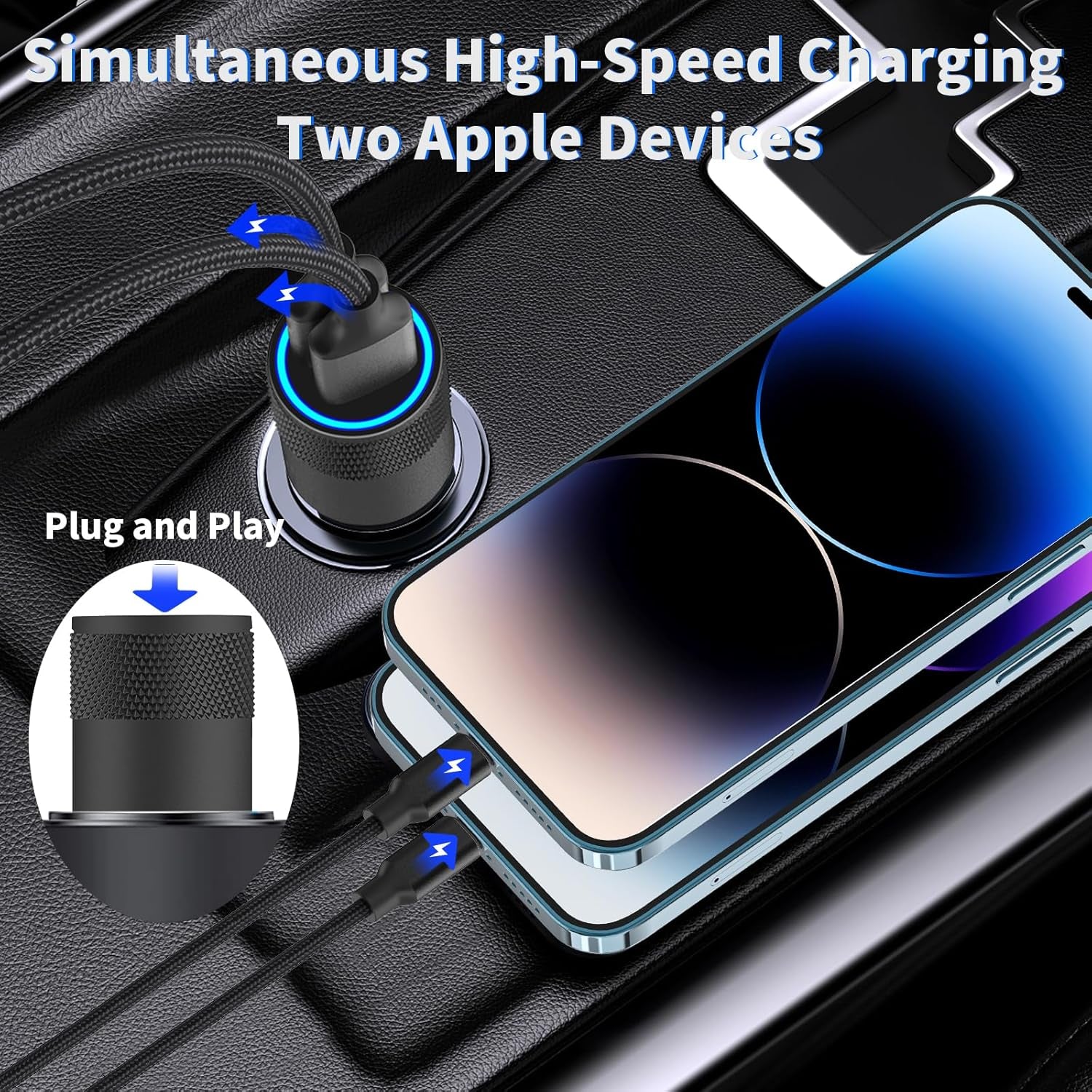 Apple Mfi Certified Iphone Car Charger Fast Charging 4.8A Car Phone Charger |  Dual USB Power Cigarette Lighter Adapter + 2Pack Lightning Braided Cord for Iphone 14 13 12 11 Pro XS XR X 8 SE Ipad