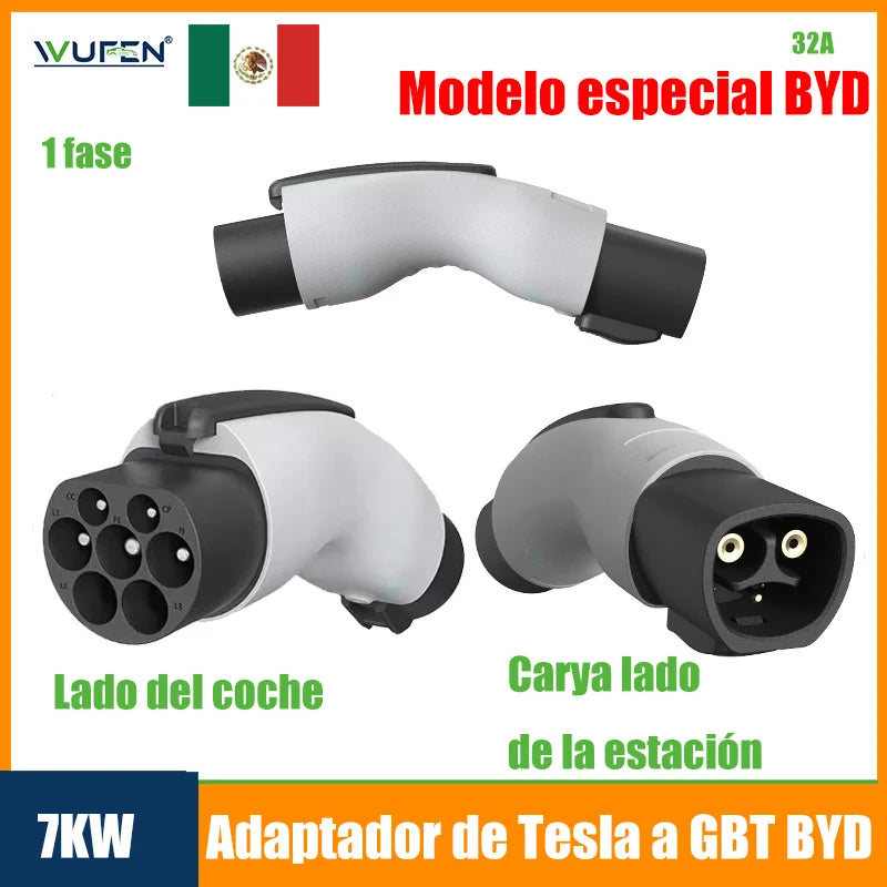 מתאם טעינה לרכב חשמלי NACS ל־GB/T עם מנגנון נעילה נגד גניבה – מתאם טעינה 7kW, מתאים לרכבים חשמליים כגון BYD.