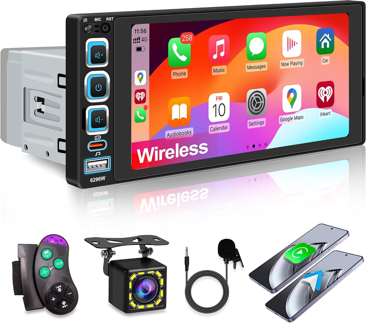 מערכת סטריאו לרכב Single DIN עם Apple CarPlay אלחוטי ו-Bluetooth 5