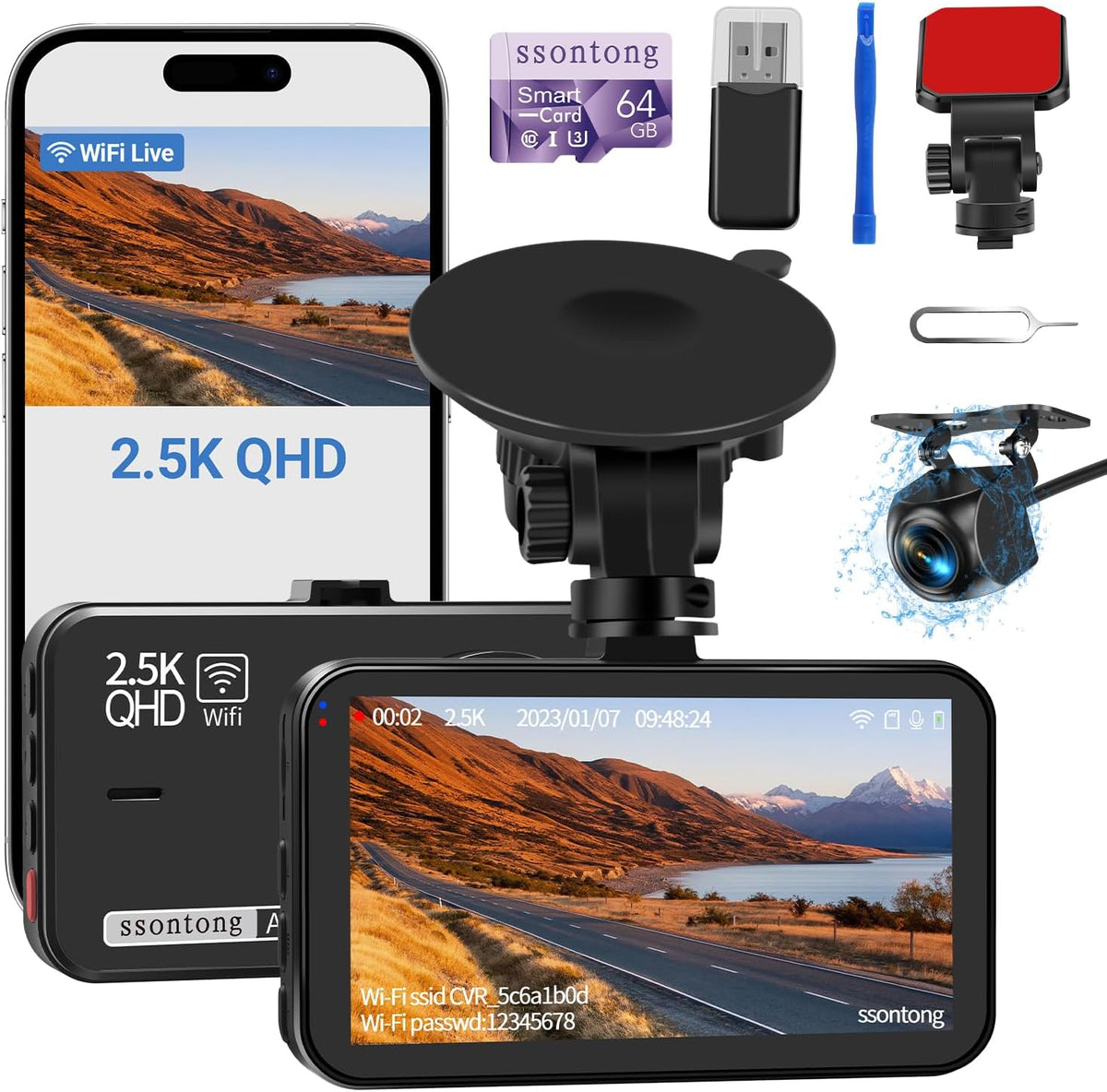 מצלמת דרך לרכב קדמית ואחורית – 2.5K + 1080P עם Wi-Fi