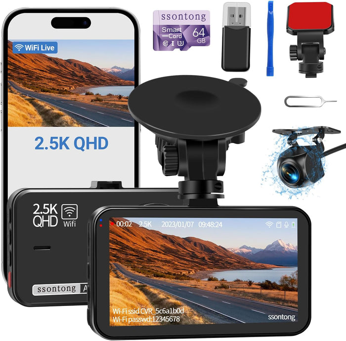 מצלמת דרך לרכב קדמית ואחורית – 2.5K + 1080P עם Wi-Fi