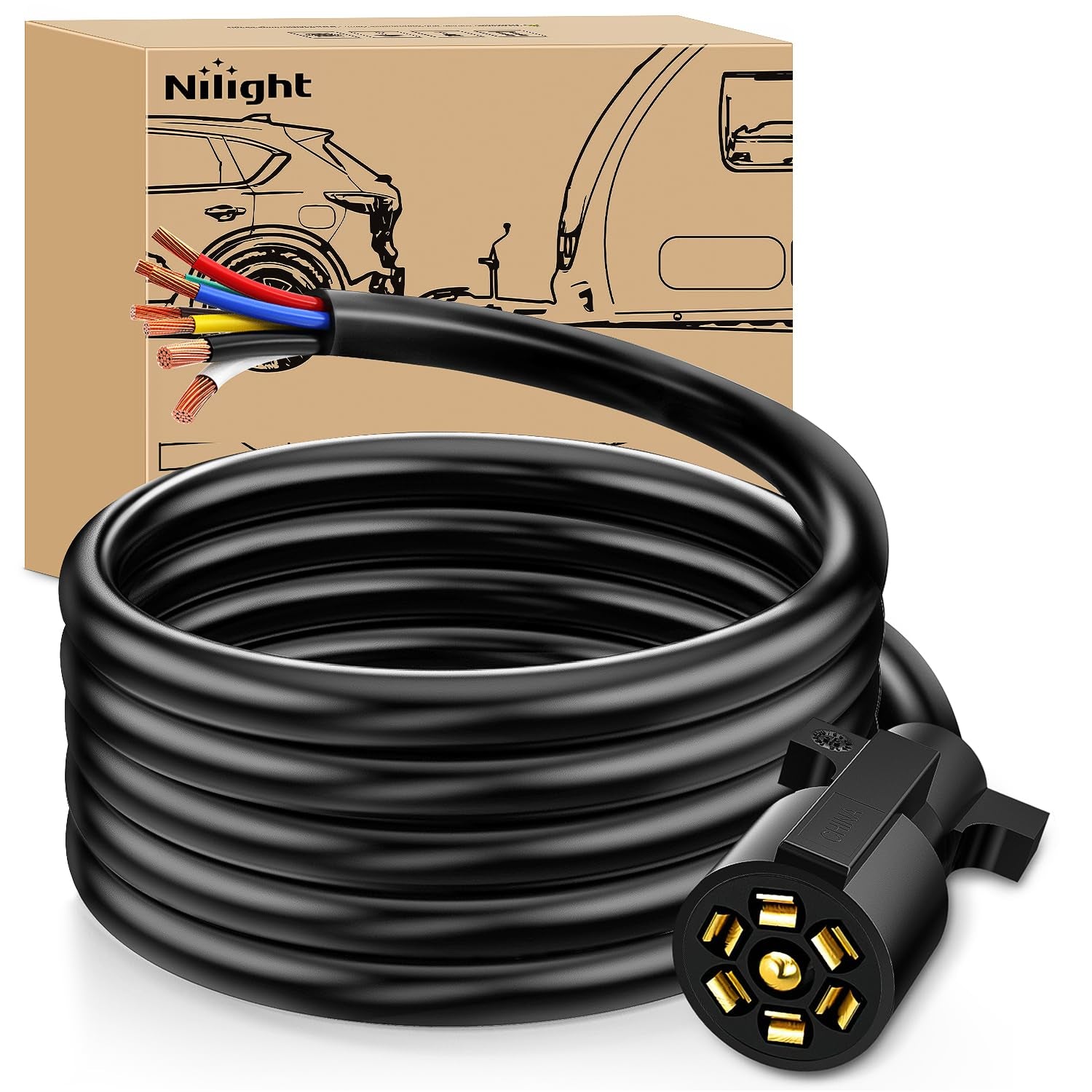 7Way 12FT 7 Way Trailer Extension Cord Heavy Duty | Plug Inline Cord for Truck Camper Blade Molded RV Cable Wire Weatherproof Corrosion Resistant 7 Pin Trailer Plug Wire Harness