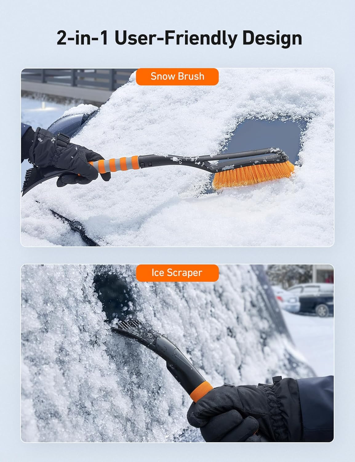 27" 2-In-1 Detachable Snow Brush & Ice Scrapers for Car Windshield | Snow Removers with No-Scratch Bristles, Ergonomic Handles & Easy Storage, Winter Accessories for Cars, Suvs, Trucks (Orange)