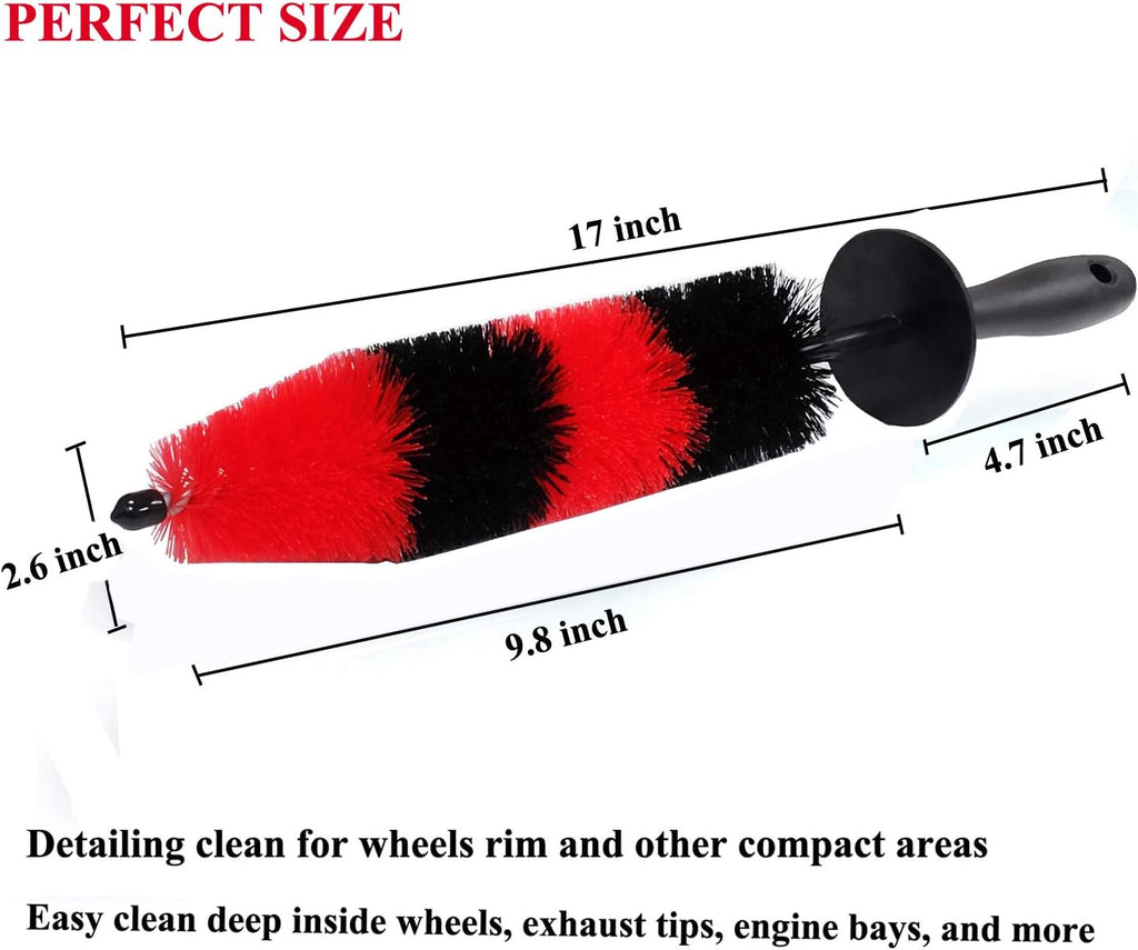 Car Wash Brush with Long Handle, Car Detailing Kit, Wheel Brush 7 Packs | Wheel Cleaner Brush, 17 in Long Wheel Brush, Soft Cleaning Tire Brush, 5 Car Detailing Brush Set (Red & Blue)