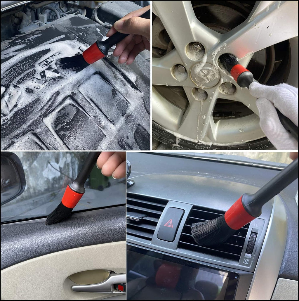 Car Wash Brush with Long Handle, Car Detailing Kit, Wheel Brush 7 Packs | Wheel Cleaner Brush, 17 in Long Wheel Brush, Soft Cleaning Tire Brush, 5 Car Detailing Brush Set (Red & Blue)