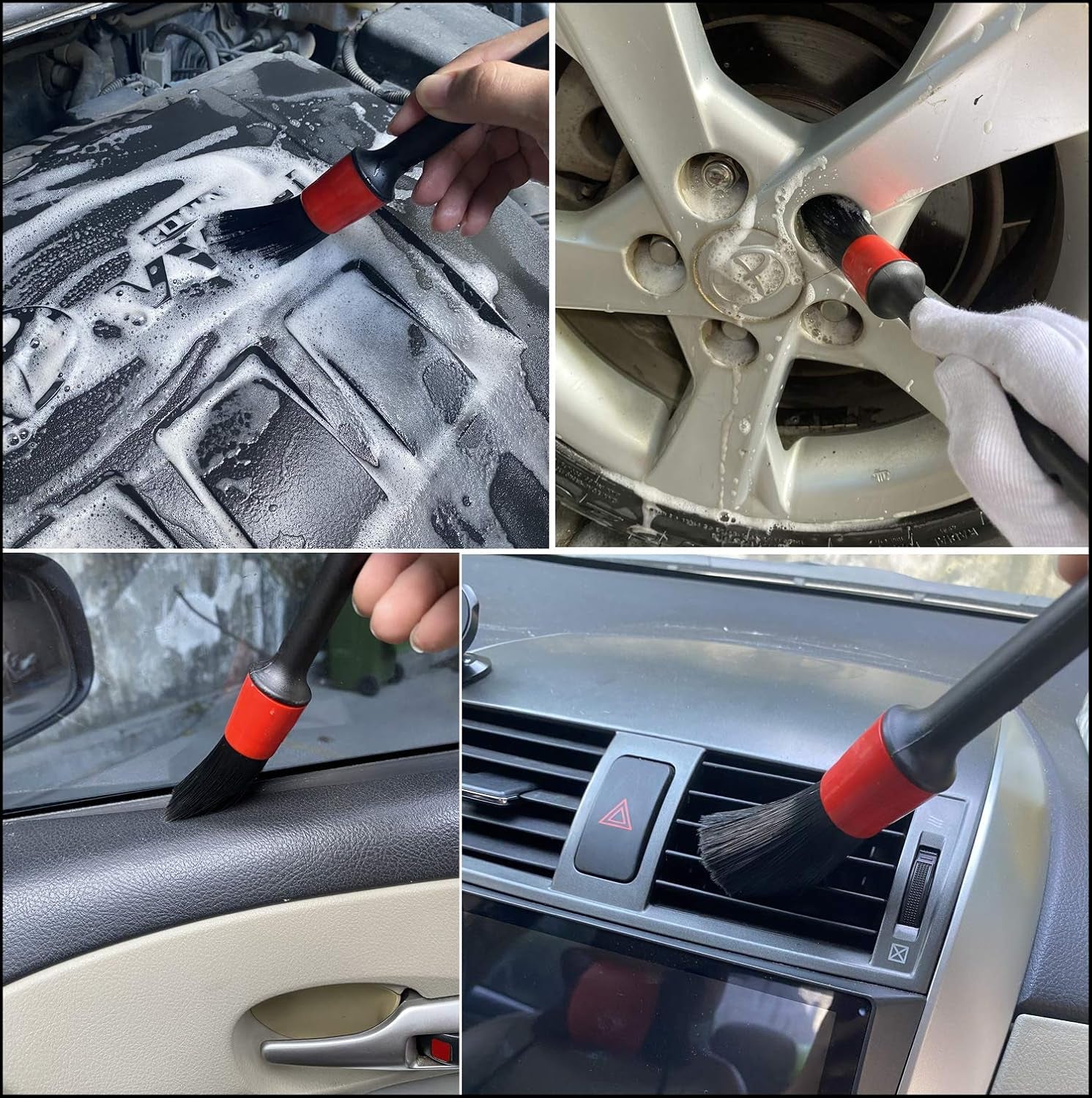 Car Wash Brush with Long Handle, Car Detailing Kit, Wheel Brush 7 Packs | Wheel Cleaner Brush, 17 in Long Wheel Brush, Soft Cleaning Tire Brush, 5 Car Detailing Brush Set (Red & Blue)