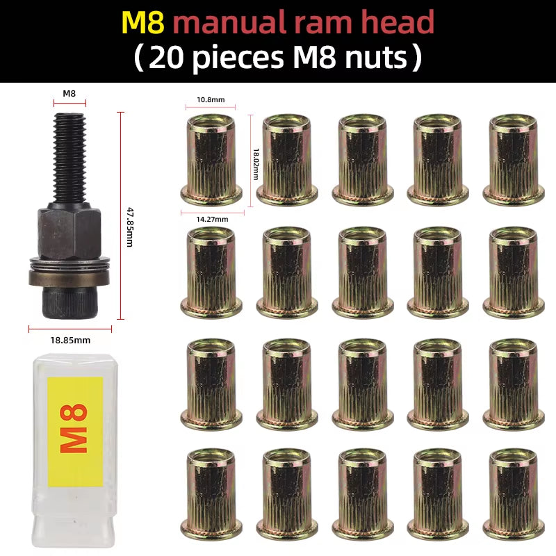 21Pcs Hand Rivet Nut Head Set Rivet Nut Tool Manual Riveter Rivnut Tool Accessory for Nuts M3 M4 M5 M6 M8 M10 M12 Simple Install